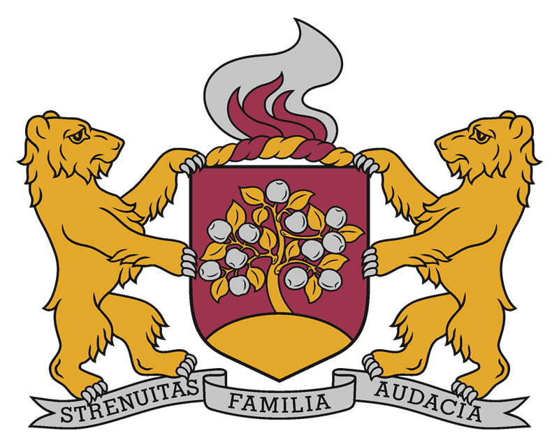 Rugums family coat of arms, bearing the motto Strenuitas. Familia. Audacia.